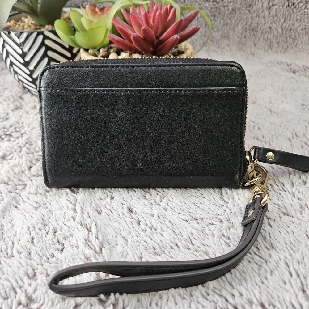 Emma & Sophia Black Zip-Around Wristlet Wallet | Gold Hardware